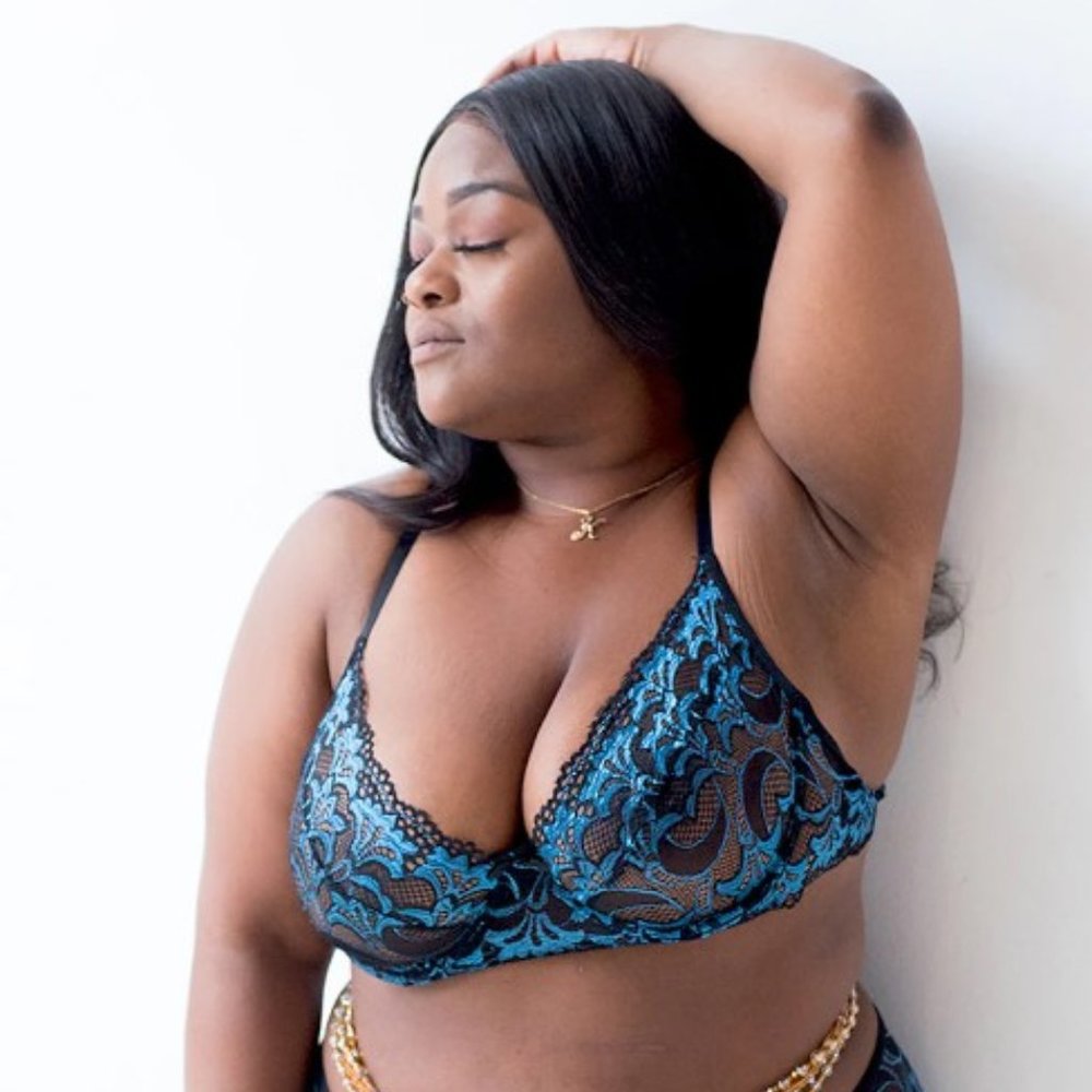 Knotty Knickers Midnight Bloom Black and Blue Metallic Lace Bralette, M